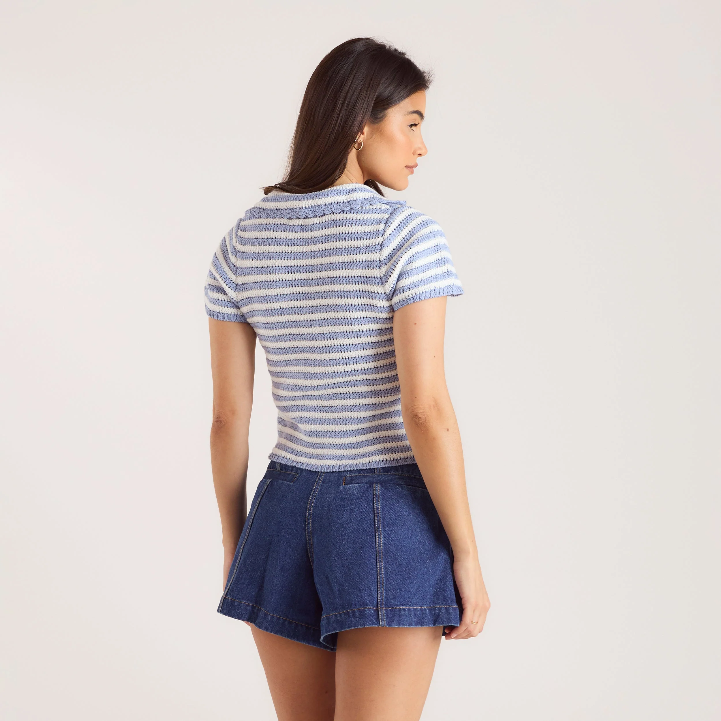 Crochet Polo Top - Blue Stripe - Image 2