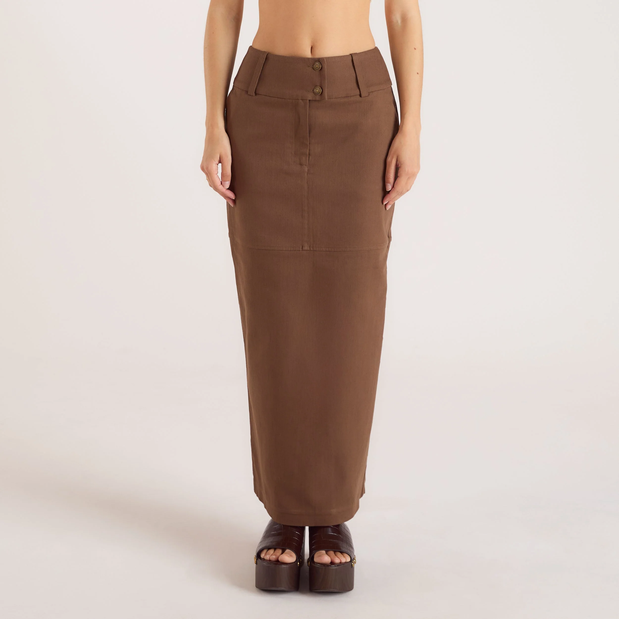 Double Button Woven Maxi Skirt - Chocolate - Image 4