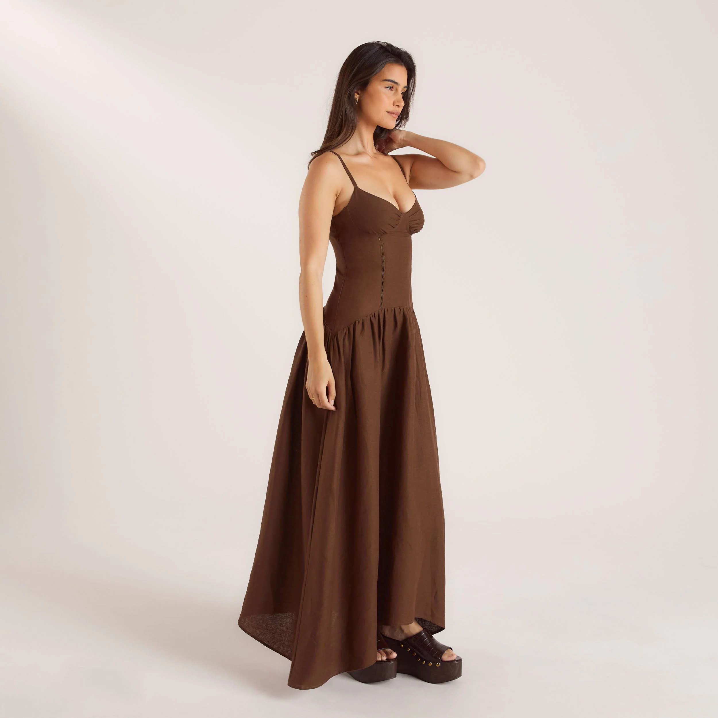 Drop-Waist Linen Maxi Dress - Chocolate - Image 5