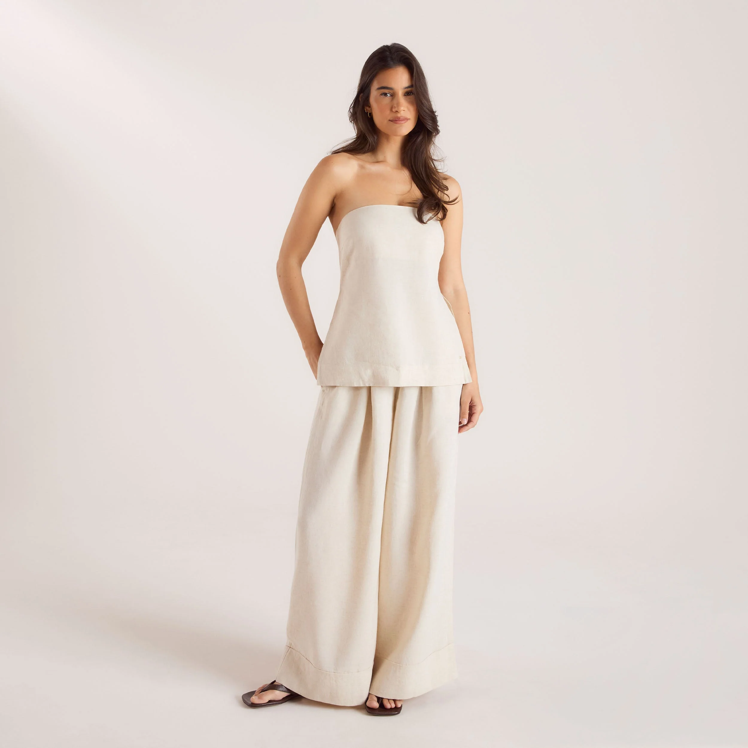 Linen Blend Wide-Leg Pants - Cream - Image 3