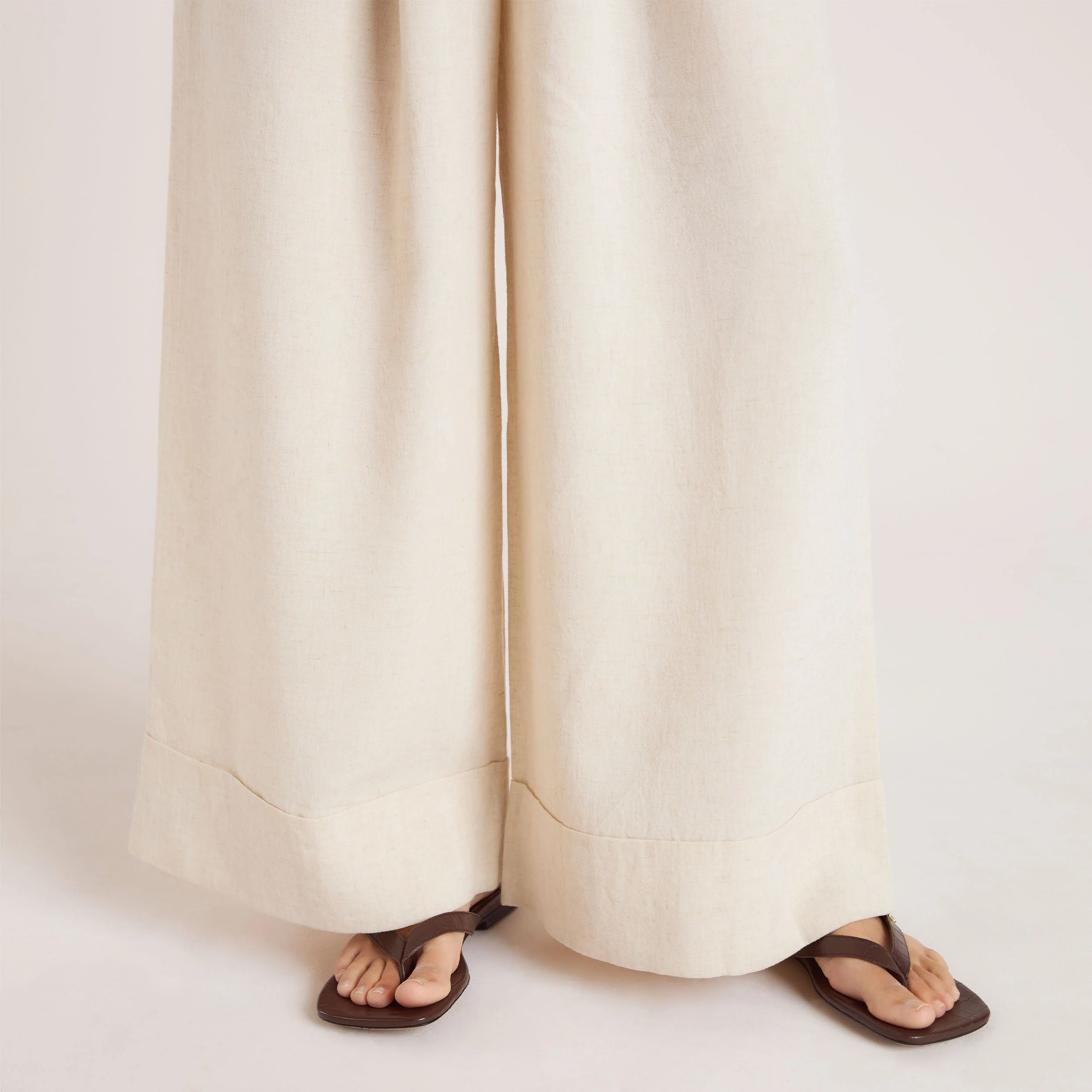 Linen Blend Wide-Leg Pants - Cream - Image 4