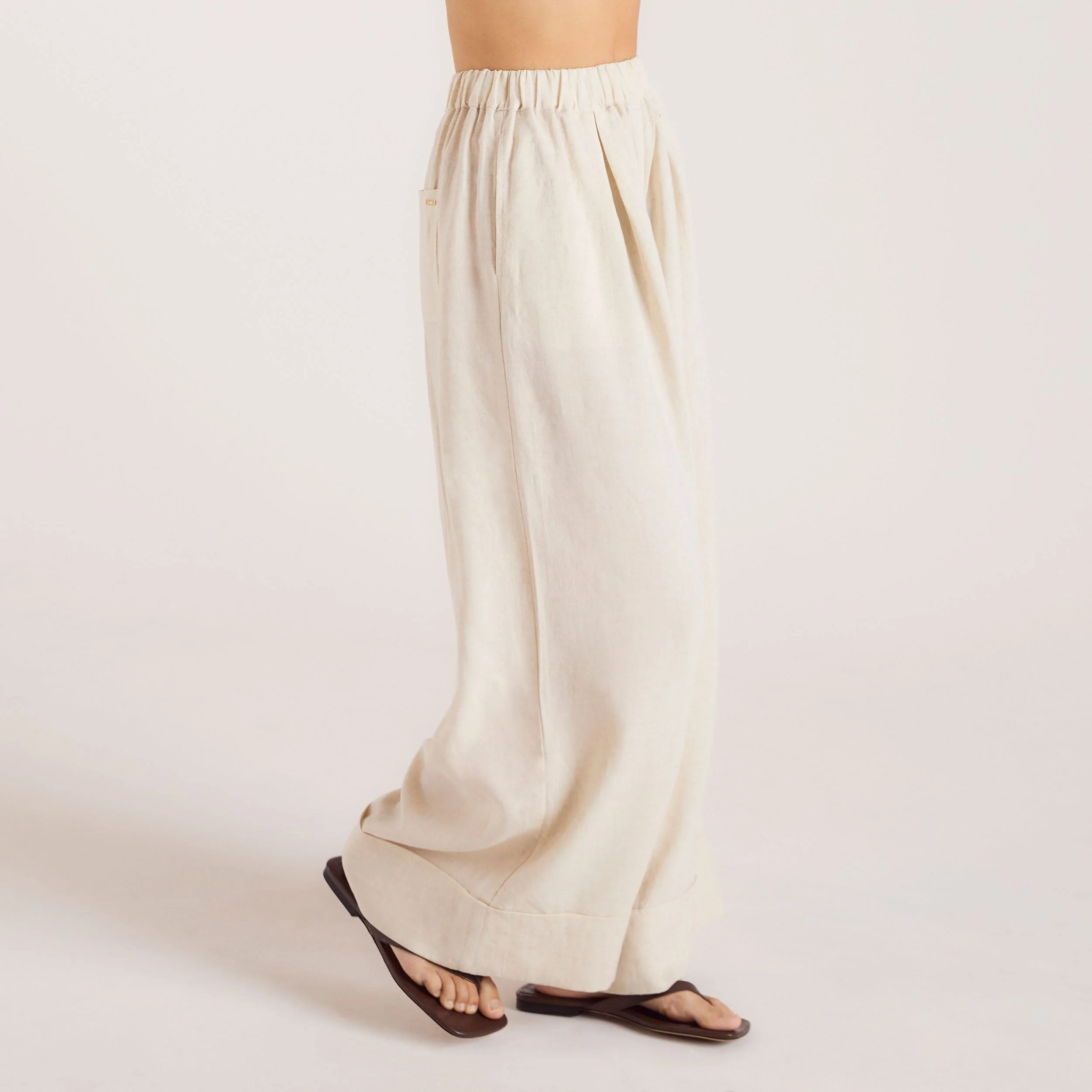 Linen Blend Wide-Leg Pants - Cream - Image 5
