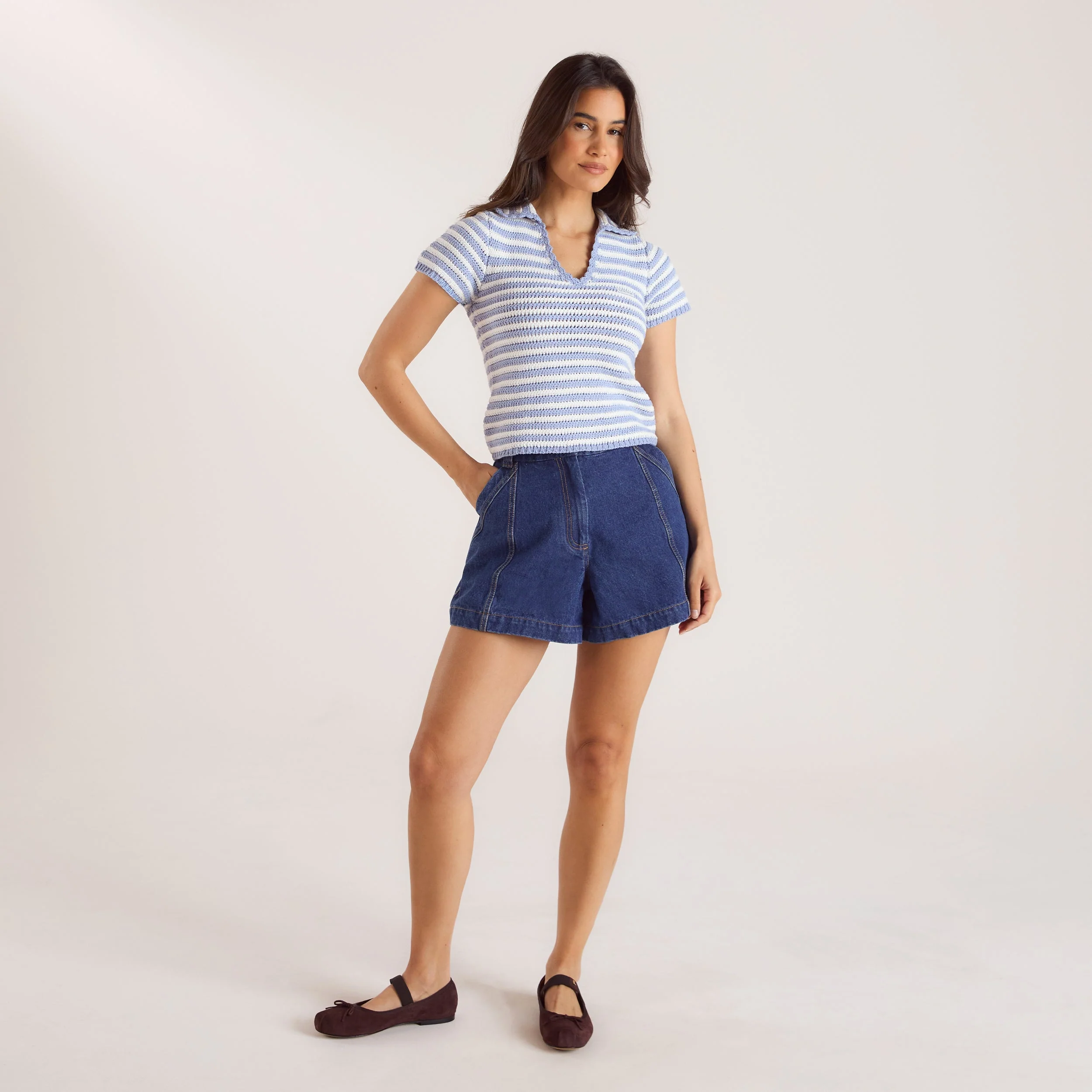 Wide-Hem Denim Shorts - Blue - Image 5